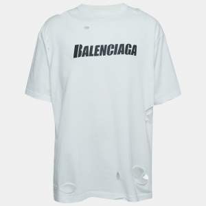 Pre Owned Balenciaga White Ripped Distressed Cotton Logo Print T-Shirt XS
