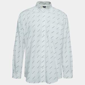 Balenciaga White All-Over Logo Printed Cotton Button Down Shirt M