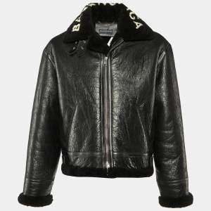 Pre Owned Balenciaga Black Texture Leather & Logo Shearling Jacket XL