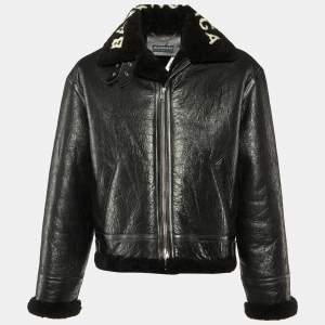 Balenciaga Black Texture Leather & Logo Shearling Jacket XL