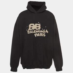 Pre Owned Balenciaga Black Print Distressed Cotton Oversize Hooded Sweatshirt M
