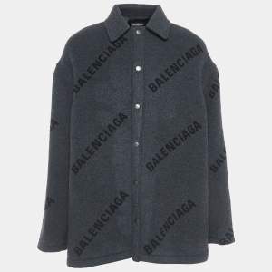 Balenciaga Charcoal Grey All-Over Logo Cashmere Coat S