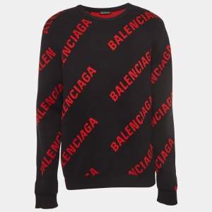 Balenciaga Black/Red Logo Intarsia Knit Crew Neck Sweater L 