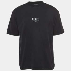 Balenciaga Black Logo Embroidered Faded Cotton Crew Neck T-Shirt XS