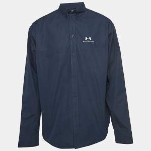 Balenciaga Navy Blue Embroidered Cotton Over Sized Shirt S
