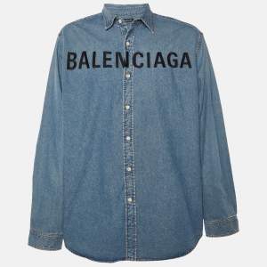 Balenciaga Blue Denim Logo Embroidered Oversized Shirt M
