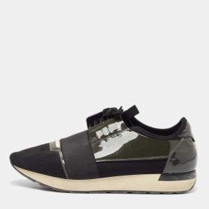Balenciaga Green/Black Mesh and Patent Leather Race Runner Lace Up Sneakers Size 43