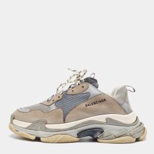 Pre Owned Balenciaga Grey/Blue Leather and Mesh Triple S Sneakers Size 45