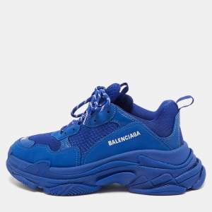 Balenciaga Blue Faux Leather and Mesh Triple S Sneakers Size 43