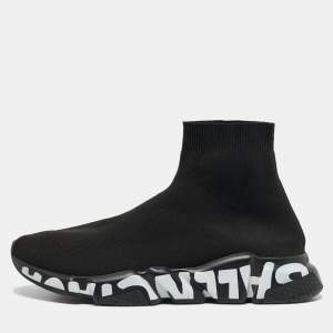 Balenciaga Black Knit Fabric Graffiti Speed Trainer Sneakers Size 42
