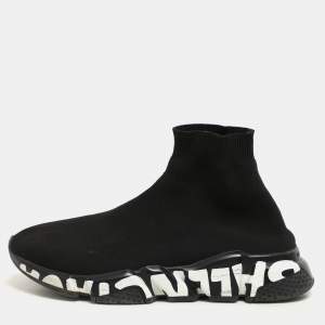 Pre Owned Balenciaga Black Knit Fabric Graffiti Speed Trainer Sneakers Size 41
