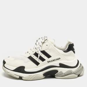 Balenciaga x Adidas White/Black Faux Leather and Mesh Triple S Sneakers Size 41