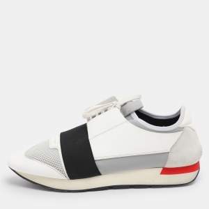 Pre Owned Balenciaga White Leather and Mesh Race Runner Low Top Sneakers Size 43