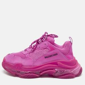 Pre Owned Balenciaga Pink Faux Leather and Mesh Triple S Clear Sole Low Top Sneakers Size 42