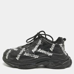 Pre Owned Balenciaga Black Faux Leather Allover Logo Triple S Sneakers Size 43