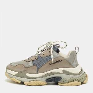 Pre Owned Balenciaga Grey/Blue Mesh and Leather Triple S Sneakers Size 43