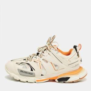 Pre Owned Balenciaga White/Orange Mesh and Faux Leather Track Sneakers Size 43