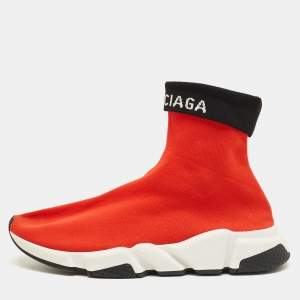 Pre Owned Balenciaga Red/Black Knit Fabric Speed Trainer Cuffed Sneakers Size 43