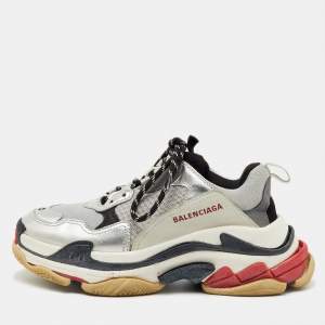 Pre Owned Balenciaga Grey/Silver Mesh and Faux Leather Triple S Lace Up Sneakers Size 40