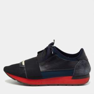 Pre Owned Balenciaga Black/Navy Blue Leather, Neoprene and Mesh Race Runner Sneakers Size 41
