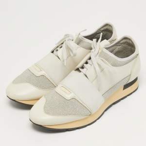 مملوكة مسبقًا حذاء رياضي بالنسياغا ريس رانر قماش تريكو وجلد رمادي/أبيض مقاس 41