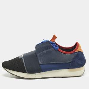 مملوكة مسبقًا حذاء رياضي بالنسياغا شبكة وجلد أسود/أزرق رايس رانر منخفض علوي مقاس 36