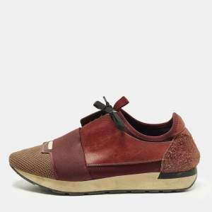 Pre Owned Balenciaga Race Runner Size 42 Burgundy Leather, Mesh and Suede Low Top Sneakers