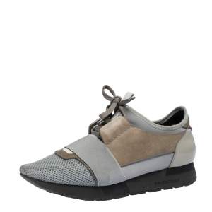 Balenciaga Grey/Beige Mesh,Leather And Suede Race Runners Sneakers Size 40