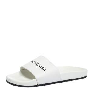 Pre Owned Balenciaga White Leather Logo Slide Sandals Size 41