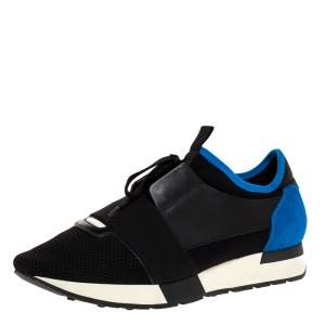Balenciaga Black/Blue Leather And Mesh Race Runners Sneakers Size 41