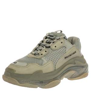 Balenciaga Grey/Green Leather And Mesh Triple S Trainer Sneakers Size 40