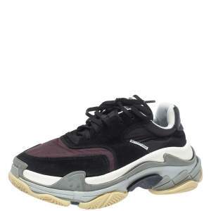 Balenciaga Black/Burgundy Suede Leather And Fabric Triple S Low Top Sneakers Size 40