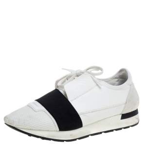 Pre Owned حذاء رياضي بالنسياغا منخفض من أعلى ريس رانر جلد وشبك أبيض مقاس 40