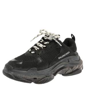 Pre Owned Balenciaga Black Mesh And Leather Triple S Trainer Sneakers Size 40