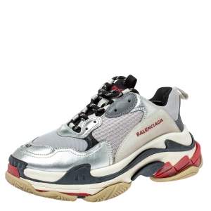 Pre Owned Balenciaga Silver Mesh And Leather Triple S Platform Sneakers Size 40