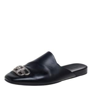 Pre Owned Balenciaga Black Leather Cosy BB Logo Embellished Mule Sandals Size 43