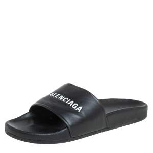 Pre Owned Balenciaga Black Leather Logo Slide Sandals Size 42