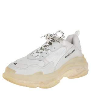 Pre Owned Balenciaga Grey/White Mesh Leather And Suede Lace Up Triple S Sneaker Size 45