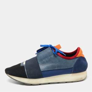 Pre Owned Balenciaga Multicolor Knit Fabric And Leather Race Runner Low Top Sneakers Size 42