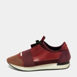 Balenciaga Burgundy/Brown Fabric And Leather Race Runner Sneakers Size 44