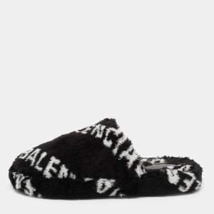 Balenciaga Black/White Logo Faux Fur Flat Mules Size 42