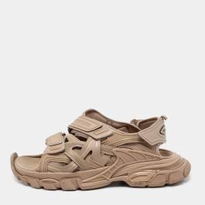 Pre Owned Balenciaga Light Brown Rubber and Leather Track Strap Sandals Size 42