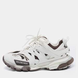 Pre Owned Balenciaga White/Brown Leather  and Fabric Track Sneakers Size 40 