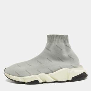 Balenciaga Grey Logo Print Knit Fabric Speed Trainer Sneakers Size 41
