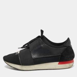 Pre Owned Balenciaga Black Mesh and Leather Race Runner Sneakers Size 42