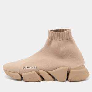 Balenciaga Beige Knit Fabric Speed Trainer Slip On Sneakers Size 43