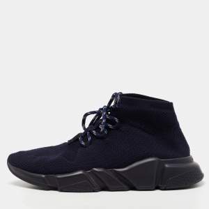 Pre Owned Balenciaga Navy Blue Knit Fabric Speed Trainer Lace Up Sneakers Size 42