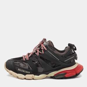 Pre Owned Balenciaga Black/Grey Leather and Mesh Track Sneakers Size 42