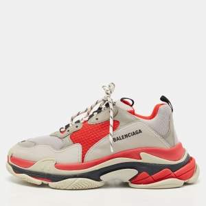Balenciaga Red/Grey Mesh and Nubuck Triple S Low Top Sneakers Size 45
