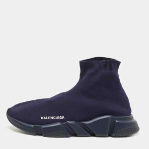 Pre Owned Balanciaga Navy Blue Knit Fabric High Top Sneakers Size 43